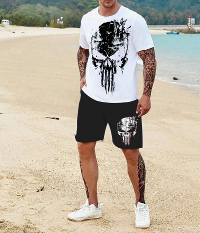 Σορτς αθλητικού εξοπλισμού PUNISHER SKULL ΛΕΥΚΟ-ΜΑΥΡΟ