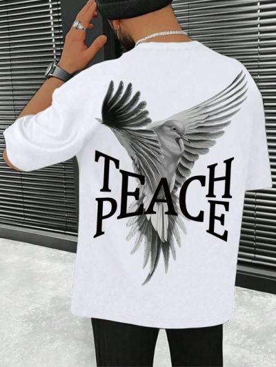 Tricou Bărbați TEACH PEACE ALB Oversized